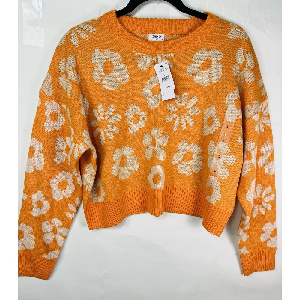 Cotton On Flower Power Manderine Sweater Sz L Orange‎ Pullover Daisy Hippy Chic